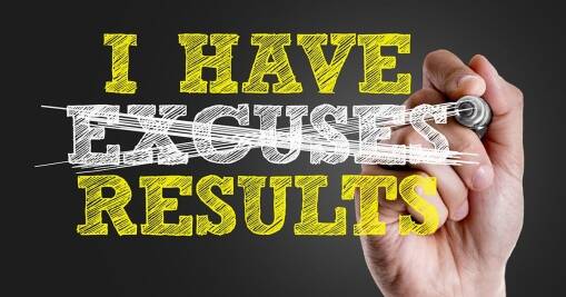 A hand writes on glass, crossing out the word EXCUSES in I HAVE EXCUSES and highlighting RESULTS underneath, emphasizing the phrase I HAVE RESULTS in bold, yellow letters against a dark background.