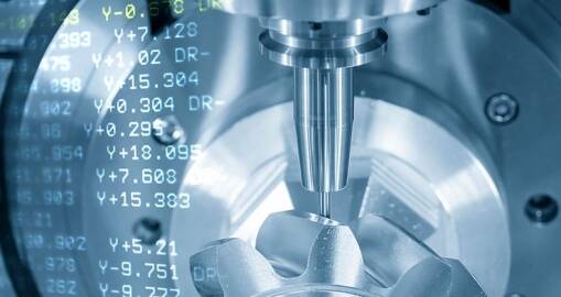 A close-up of a CNC milling machine cutting a metallic gear, with blue digital coordinates and data overlaid on the image, representing precision engineering and advanced manufacturing technology.