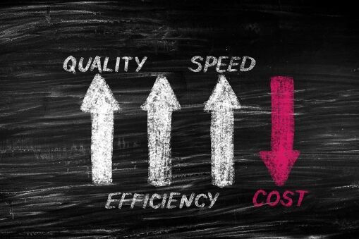 A blackboard with three white arrows pointing up labeled Quality, Speed, and Efficiency, and a red arrow pointing down labeled Cost, illustrating improved results with reduced costs.