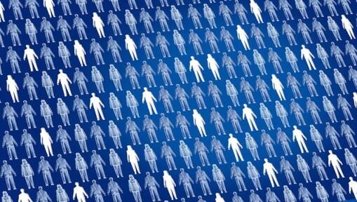 Rows of white and transparent human silhouettes are arranged in a grid pattern on a gradient blue background, representing a large group of diverse people.