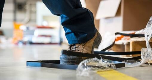 A person wearing brown work boots and blue pants is stepping on black packing straps and plastic debris on a warehouse floor, creating a tripping hazard. For operational excellence, boxes and packaging materials should be kept organized and clear of walkways.