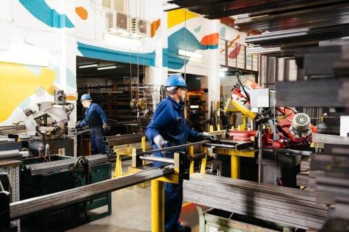 Two workers in blue uniforms and helmets operate machinery in a brightly lit industrial workshop with colorful wall art. Metal bars and equipment highlight an efficient workspace, ideal for lean manufacturing consulting practices.